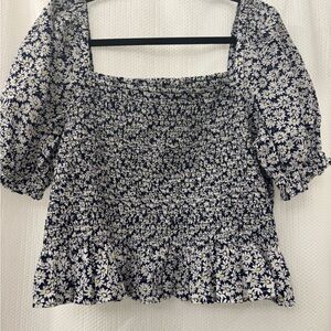 J. Crew Factory Floral Smocked Blouse - Navy and White